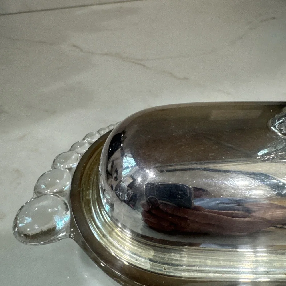 WM Rogers & Sons Silverplated Teardrop Glass Base Butter Dish 387 Vintage (2 Pc)